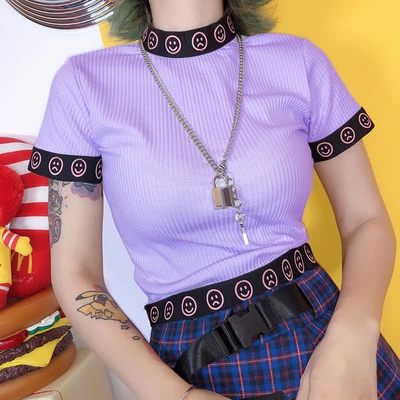 Harajuku/фиолетовый топ со смайликом для девочек, тонкий короткий воротник, тонкая футболка - Цвет: Лаванда