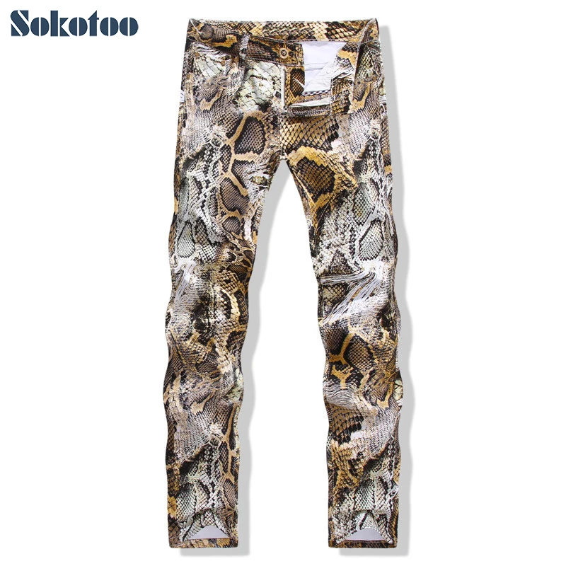 Sokotoo Men's fashion snakeskin print jeans Slim colored stretch denim pants for man
