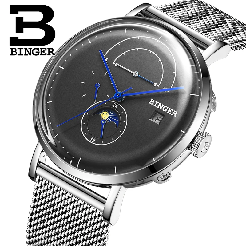 

Exaggerated 2.5D Curved Glass Men Moon Phase Watches Self-winding Milanese Wrist watch Worked Sub Dial Mechanical Calendar Watch