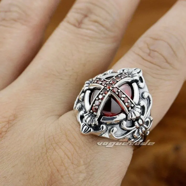 Мужское кольцо с крупным темно красным фианитом из серебра 925 пробы|gothic cross ring|stone
