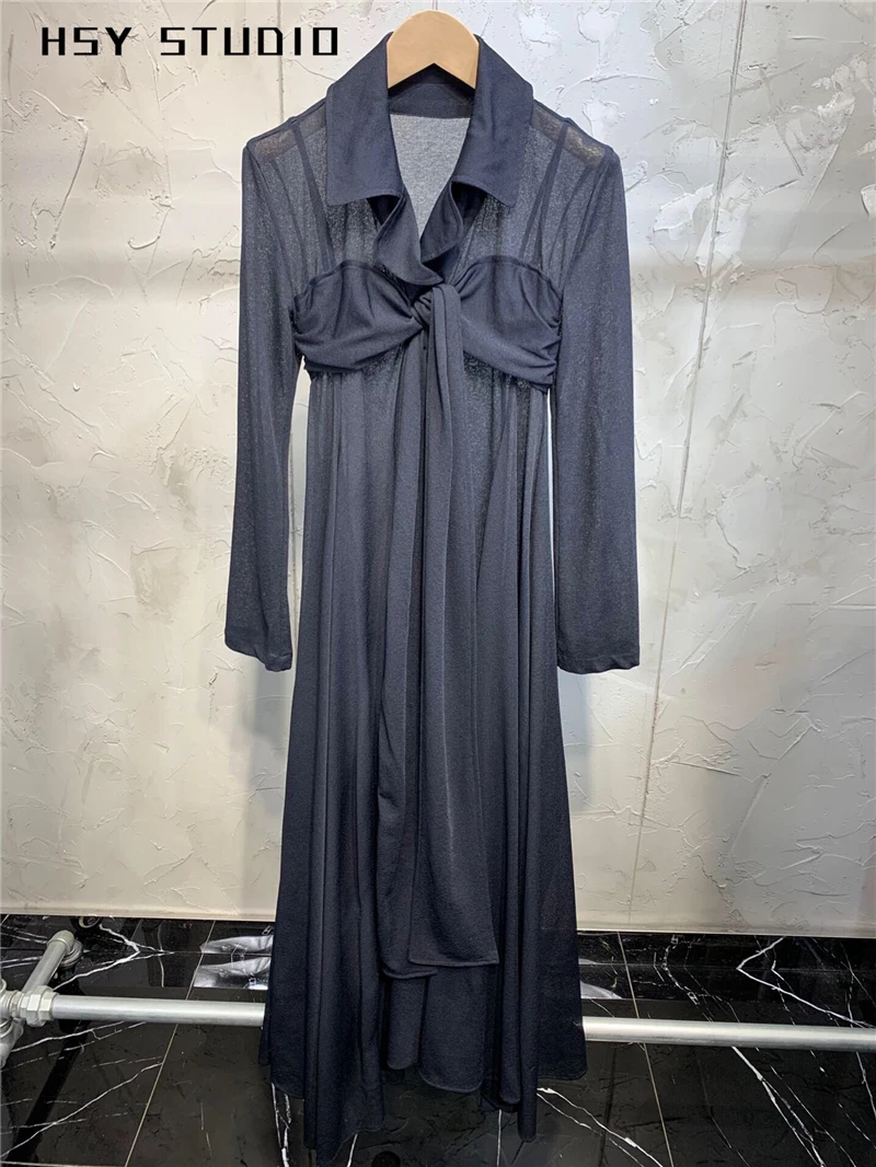 【HSY Studio】 2019 summer new fashion high waist trendy long sleeve sexy black women shirt maxi dress | Женская одежда