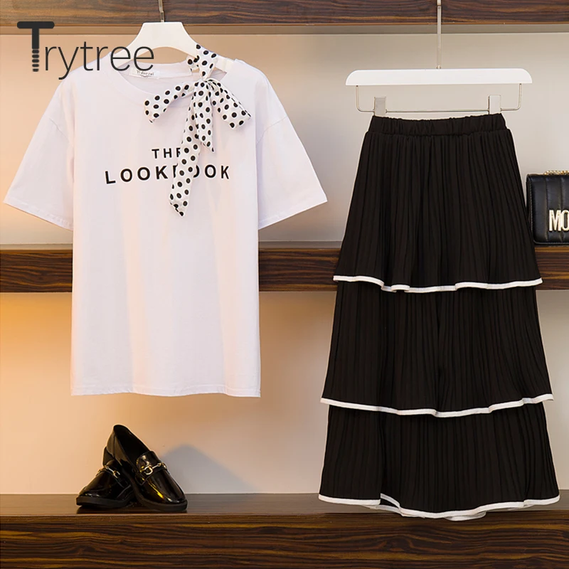 Trytree Лето Женский костюм из двух предметов повседневное точка лук ленты топ + юбка