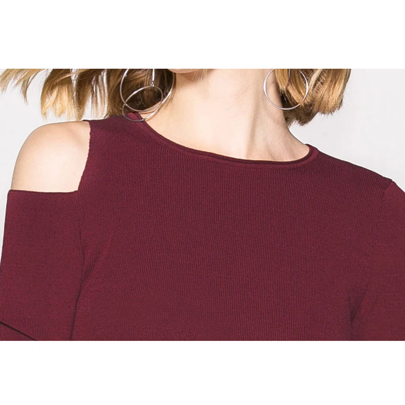 Sexy Hollow Out Design Sweater Women Long Sleeve Off-Shoulder Split Pullovers Black Green Red Knitting Sweaters Autumn Winter | Женская