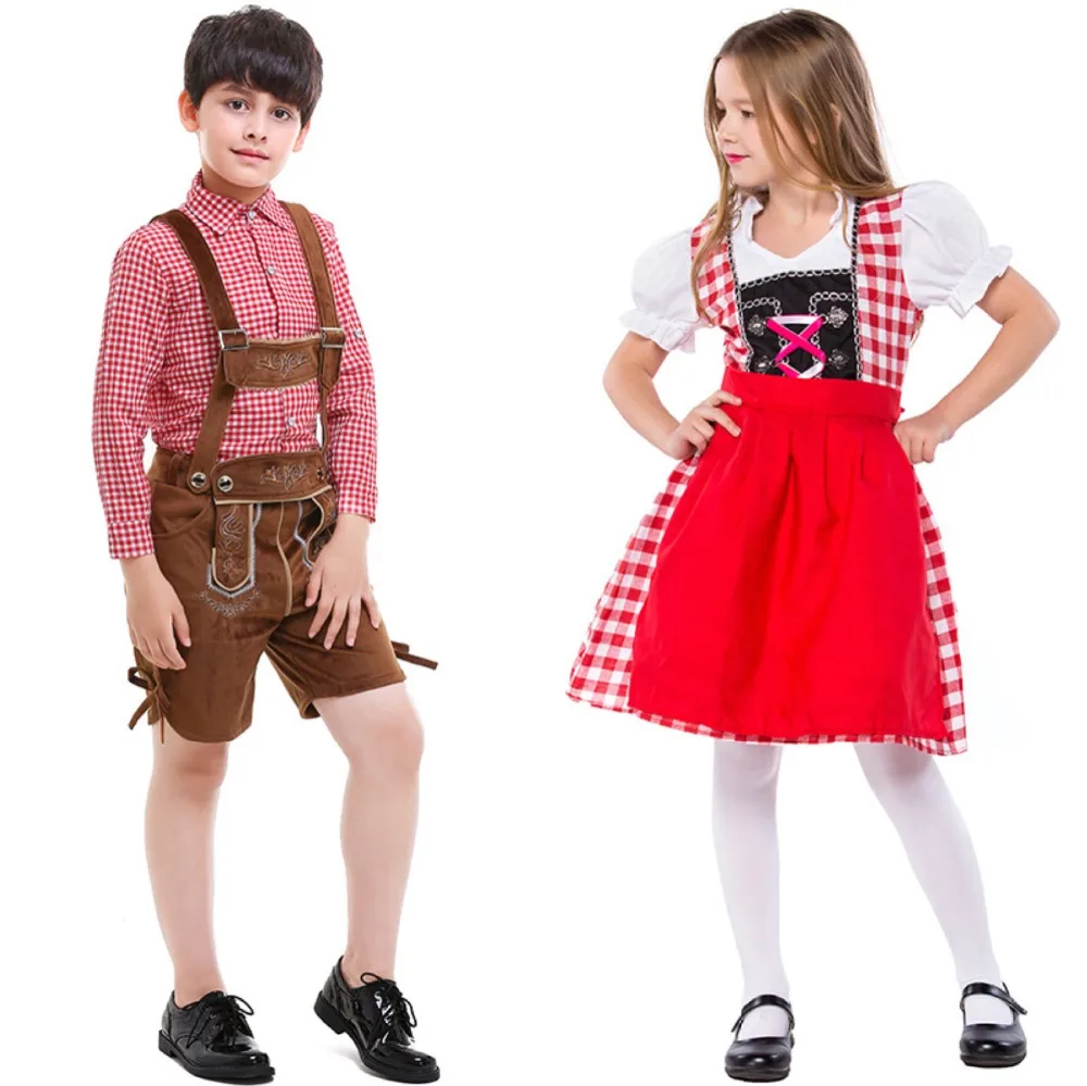 Children Girl Oktoberfest Costume Plaid Lederhosen Bavarian German Beer Festival Fantasia Party For Kids Boy Halloween |