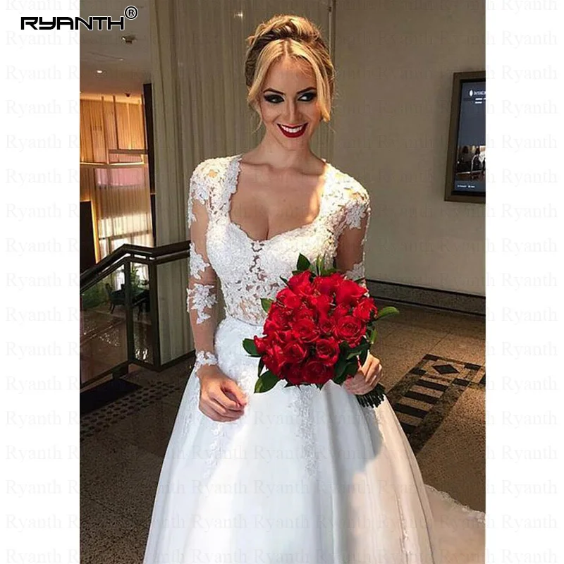 Vestido De Noiva, 2 в 1, одежда с длинным рукавом свадебные платья прозрачные с кружевом на спине свадебное платье с аппликациеми бальное платье невесты RW03