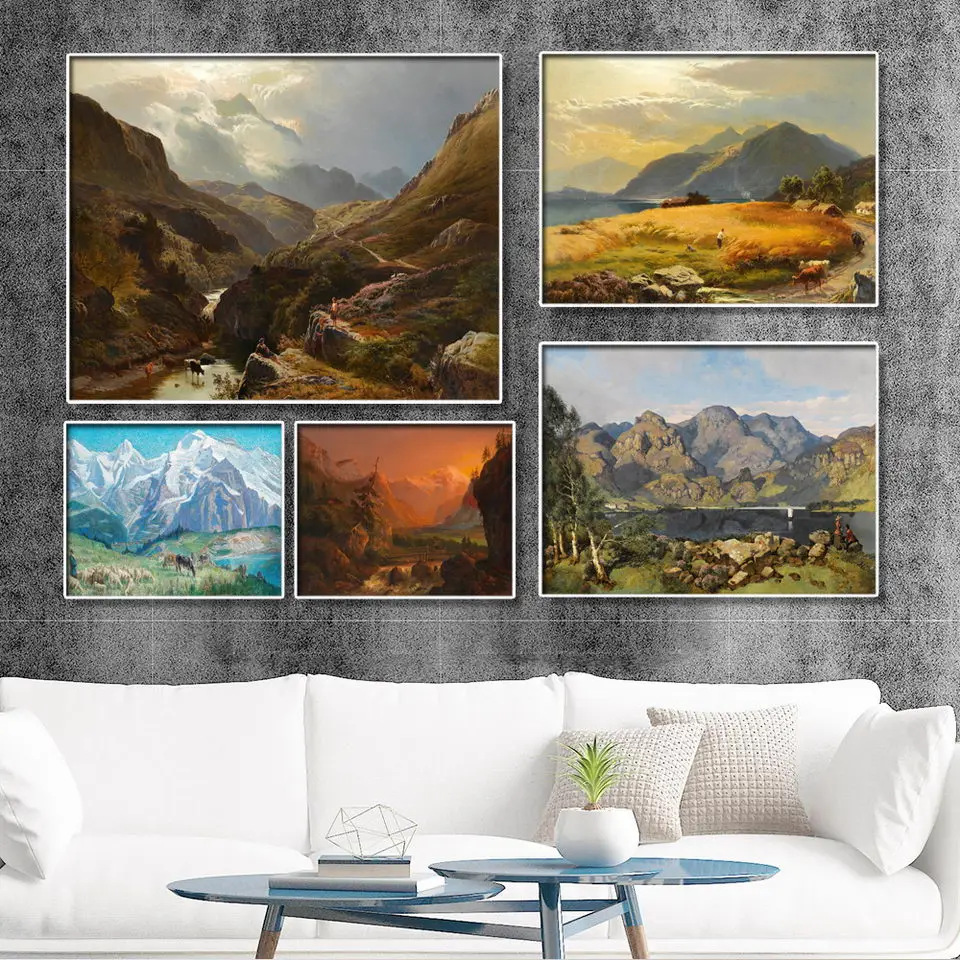 

Home Decoration Print Canvas Wall Art Picture Poster Paintings Horizontal Rectangle Retro mountain waterfall landscape