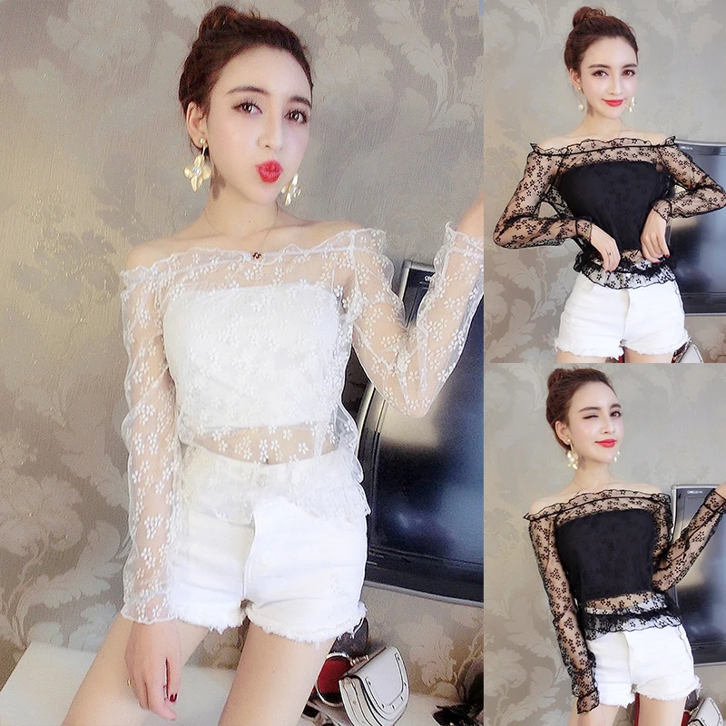 

moda feminina off shoulder Women's Clothing sexy Blouses mesh lace crop top perspective tops Ladies long sleeve shirts new