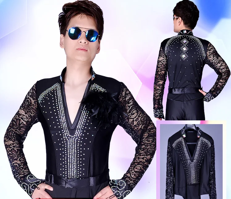 

2019 New Ballroom Latin Dance Shirts Male Black Long Sleeve Lace V Collar Shirt Men Samba Cha Cha Dancing Tops Performance Wear