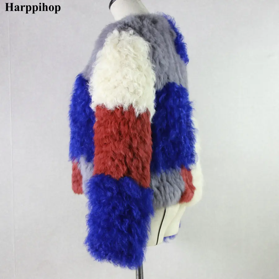 HARPPIHOP * Design кроличья меховая монгольская овчина комбинированная вязаная зимняя