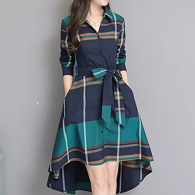 Vestido De Festa, осень, элегантное асимметричное платье с подолом, облегающее платье с длинным рукавом и отложным воротником, платья в клетку для вечеринок, большие размеры - Цвет: green plaid dress