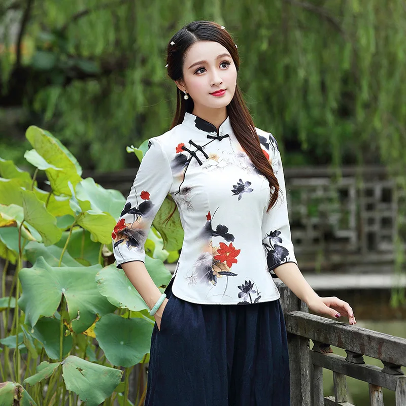 Китайские Топы Cheongsam для женщин весна лето Шанхай Тан одежда Женская Ретро винтажная рубашка женские китайские Топы TA1525