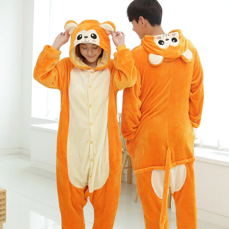 

Winter Flannel Warm Animal Pajamas One Piece For Adults Onesie Cosplay Cartoon Golden Monkey Home Clothes Couple Pajama Sets