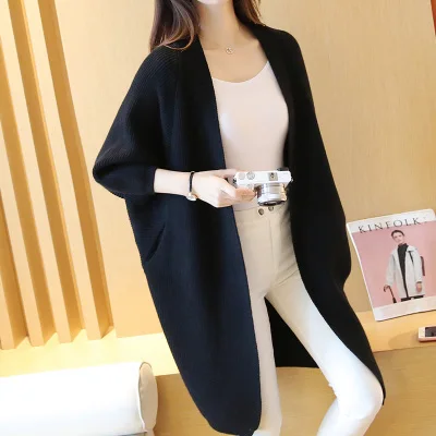 black Women Long Cardigans Autumn Winter Stitch Poncho Knitting Sweater Female Over sized Shawl Cape Jacket Coat Trench Parkas - Цвет: black