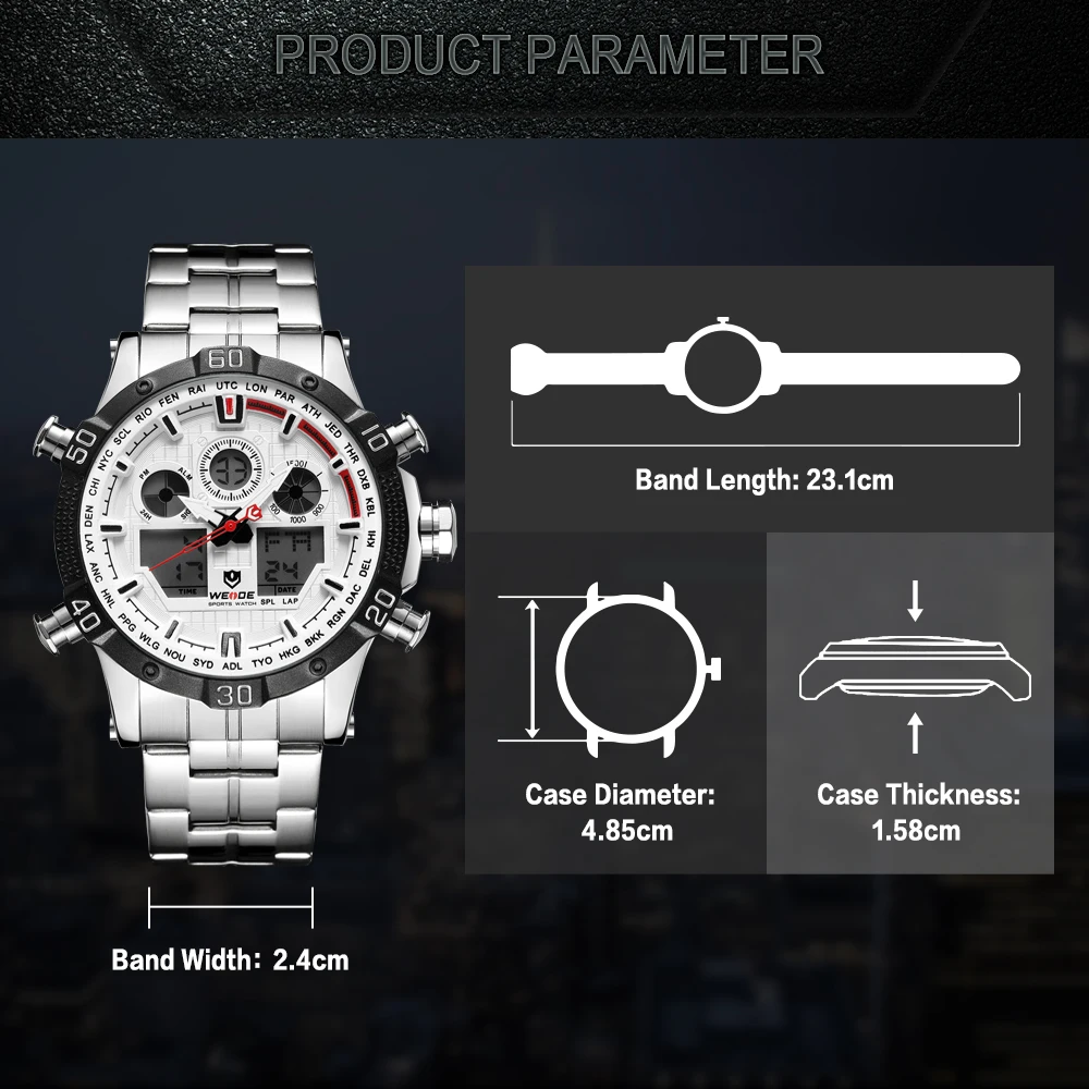 Часы WEIDE мужские кварцевые с подсветильник кой цифровым автоматическим