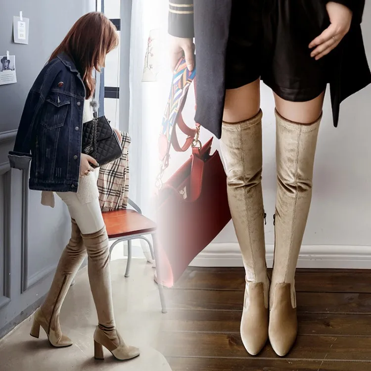 Real Velvet Boots Women Over Knee High Zipper Thigh Plush Fur Slim Leg Stovepipe Motorcycle Booties Winter | Обувь