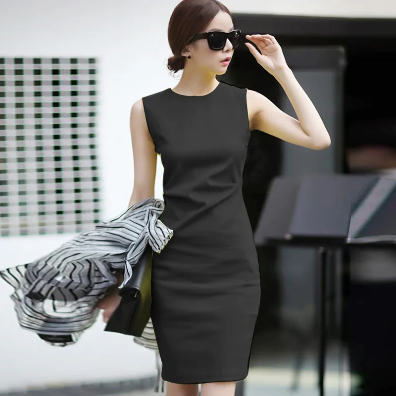 

JSXDHK Brief Summer Women Work Bodycon Dress 2018 Korean Style Sheath Sleeveless Pencil Dress Formal Slim Office OL Dress