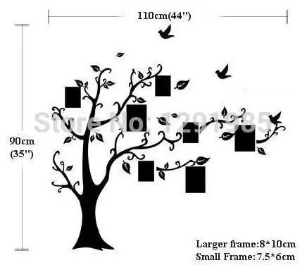 Большой размер наклейки на стену с изображением птиц в ветках черная фоторамка