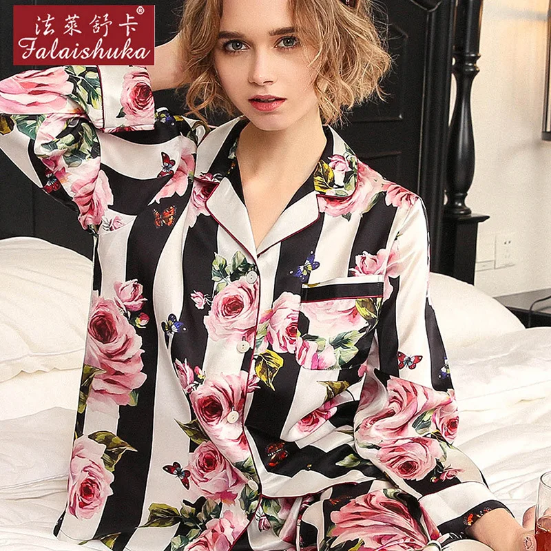 Real Silk Pajama Sets Female Romantic Rose Striped Silkworm Silk Long-Sleeve Two-Piece SILK Woman's Sleepwear T8184