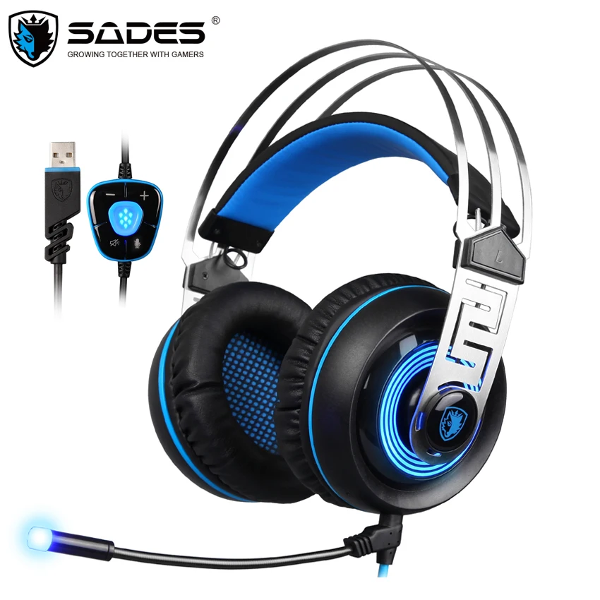 Sades A7 USB игровая гарнитура наушники 7 1 стерео объемный звук Игровые с микрофоном Led