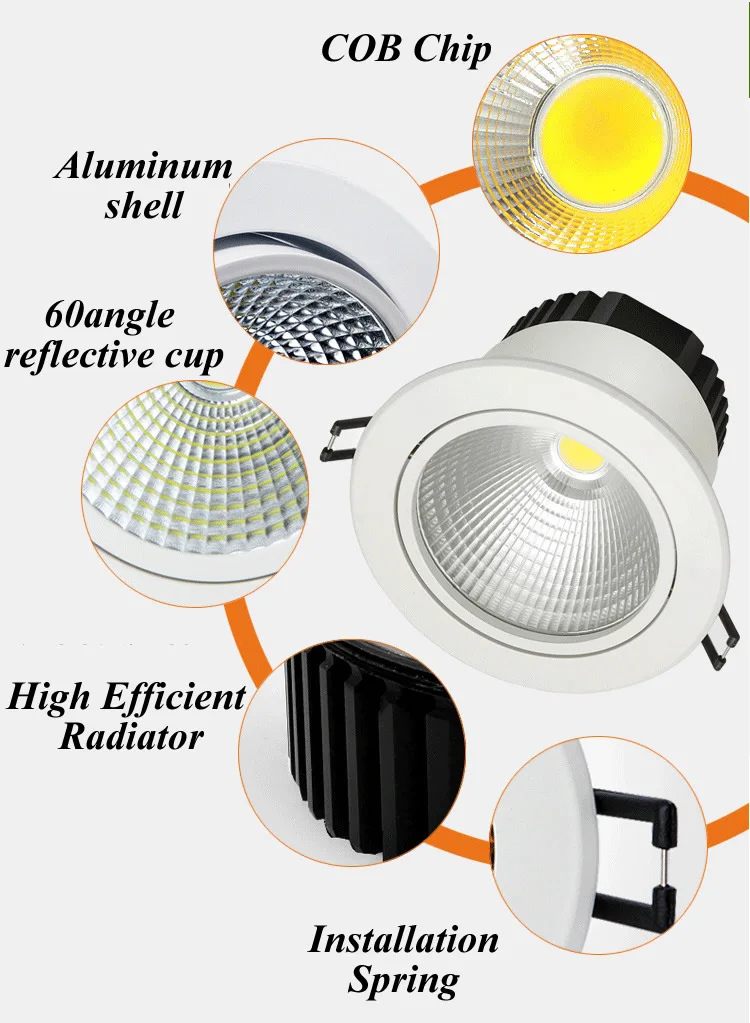 Recessed led cob downlight Dimmable 7W 9W LED Spot light ceiling lamp AC110V 220V IP44 60angle CRI85 Warm Cold White | Освещение