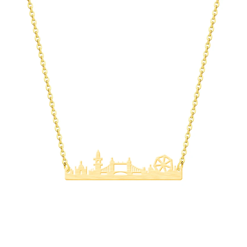 Vintage Sherlock Pendant London Skyline Necklace Stainless Steel Layer Link Chain Gold Color UK City State Ethnic Jewelry