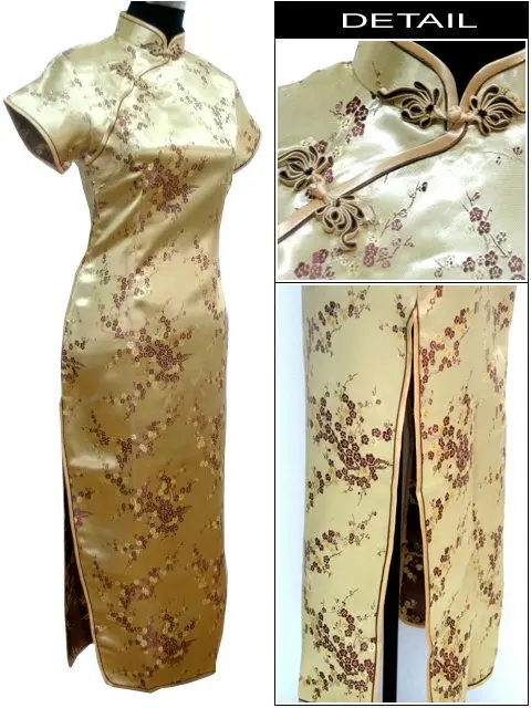 Женское атласное длинное платье Ципао традиционное золотистое китайское с