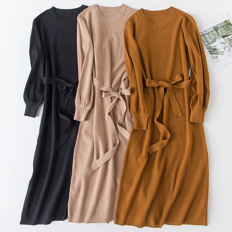 

YNZZU 2019 New Fashion Round neck loose knitted dress With belt long sleeve Solid Sweater long dress Warm female vestidos YD281