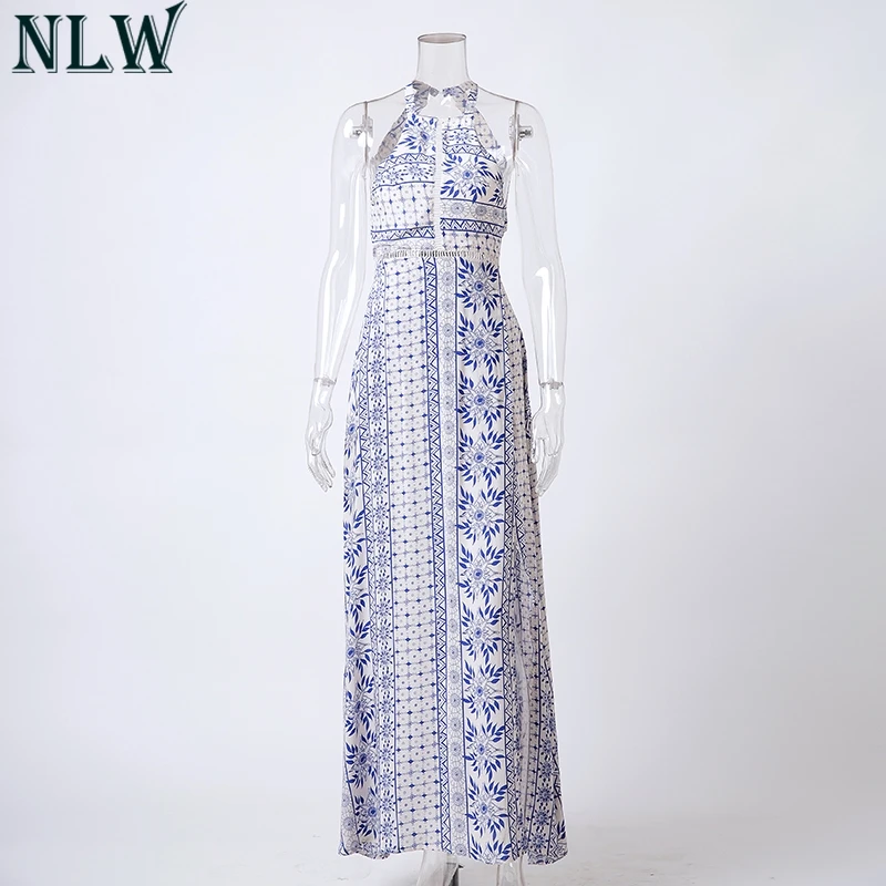 Nlw Белый Boho принт шифоновое платье высокое Разделение выдалбливают Элегантное