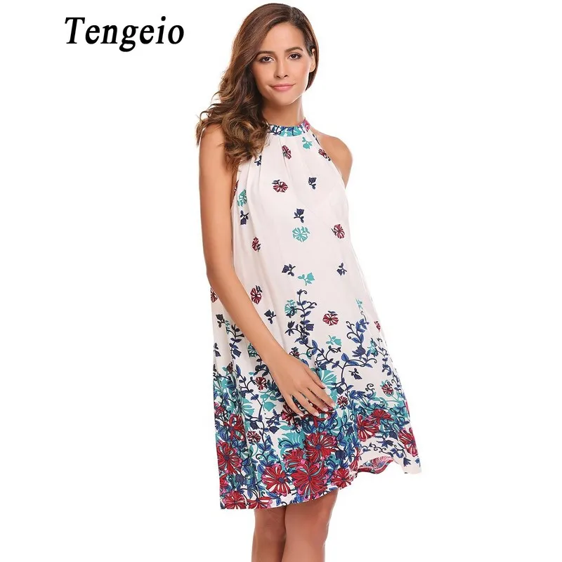 Tengeio Для женщин Холтер шифоновое платье летом рукавов Boho Цветочные Свободный
