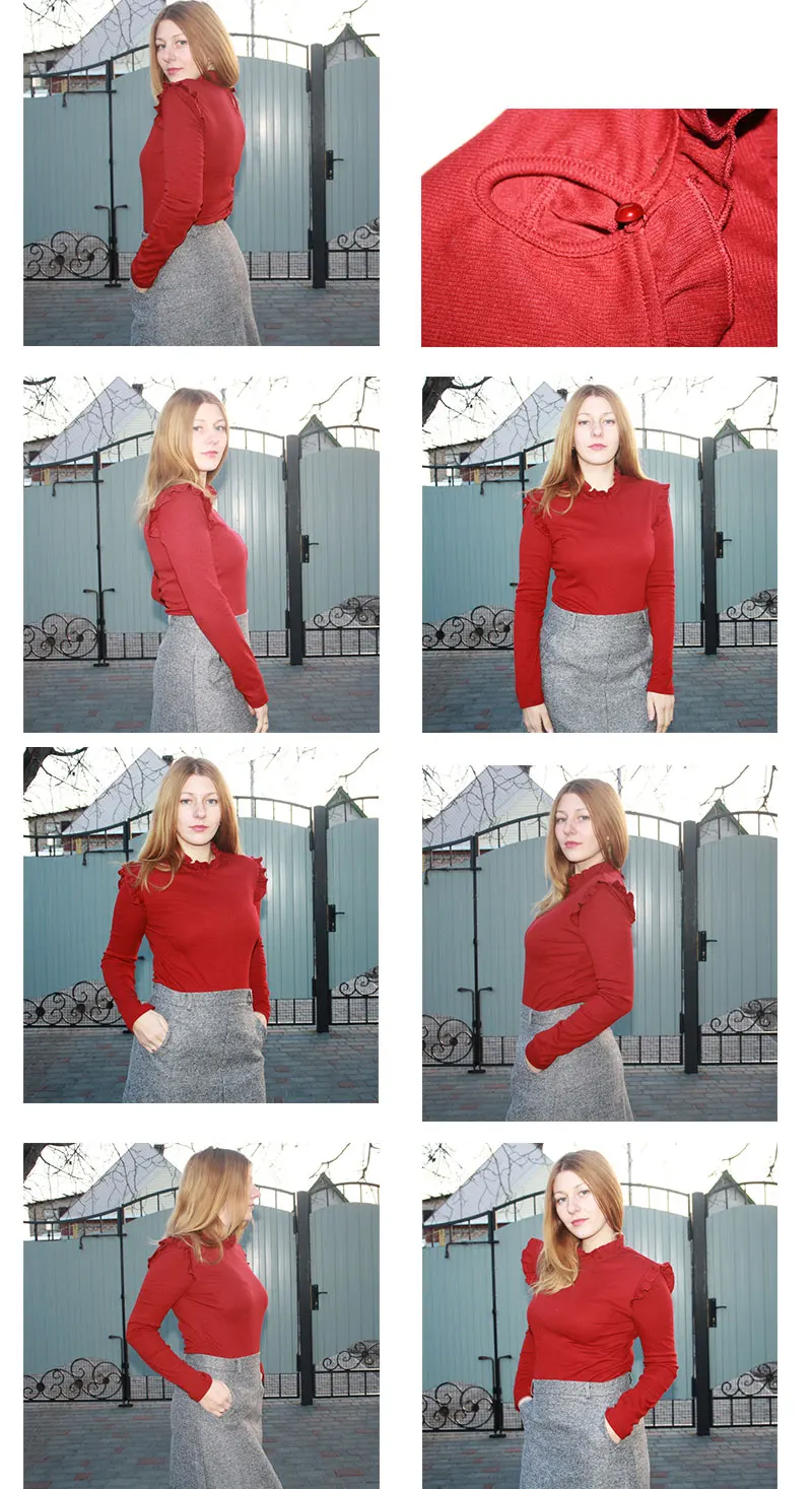 Dotfashion, бордовая, с оборкой, одноцветная, с длинным рукавом, футболка, женская, повседневная, осенняя, стоячий воротник, топы, тонкая, подходит, одежда, простая футболка