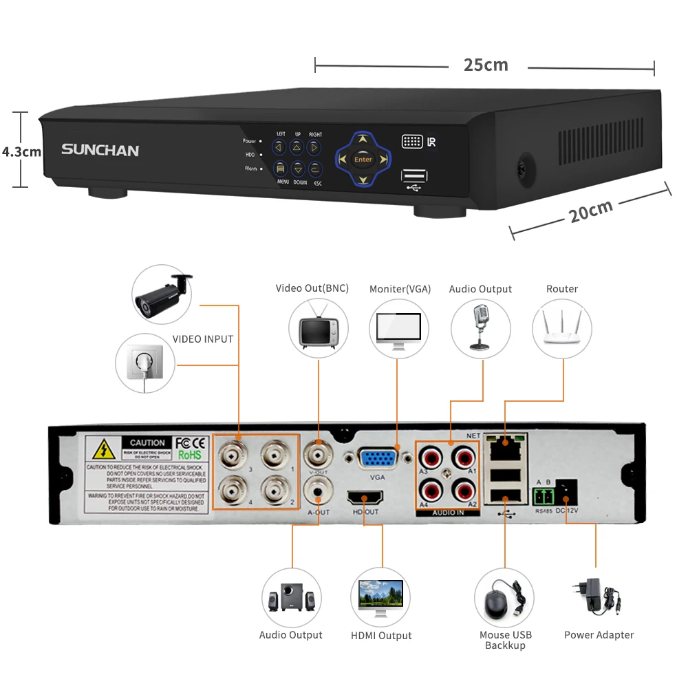 SUNCHAN 4CH AHD 1080P Система безопасности камеры 4*2.0MP 1920TVL Камеры для помещений / на открытом воздухе с защитой от погоды Видео включено.