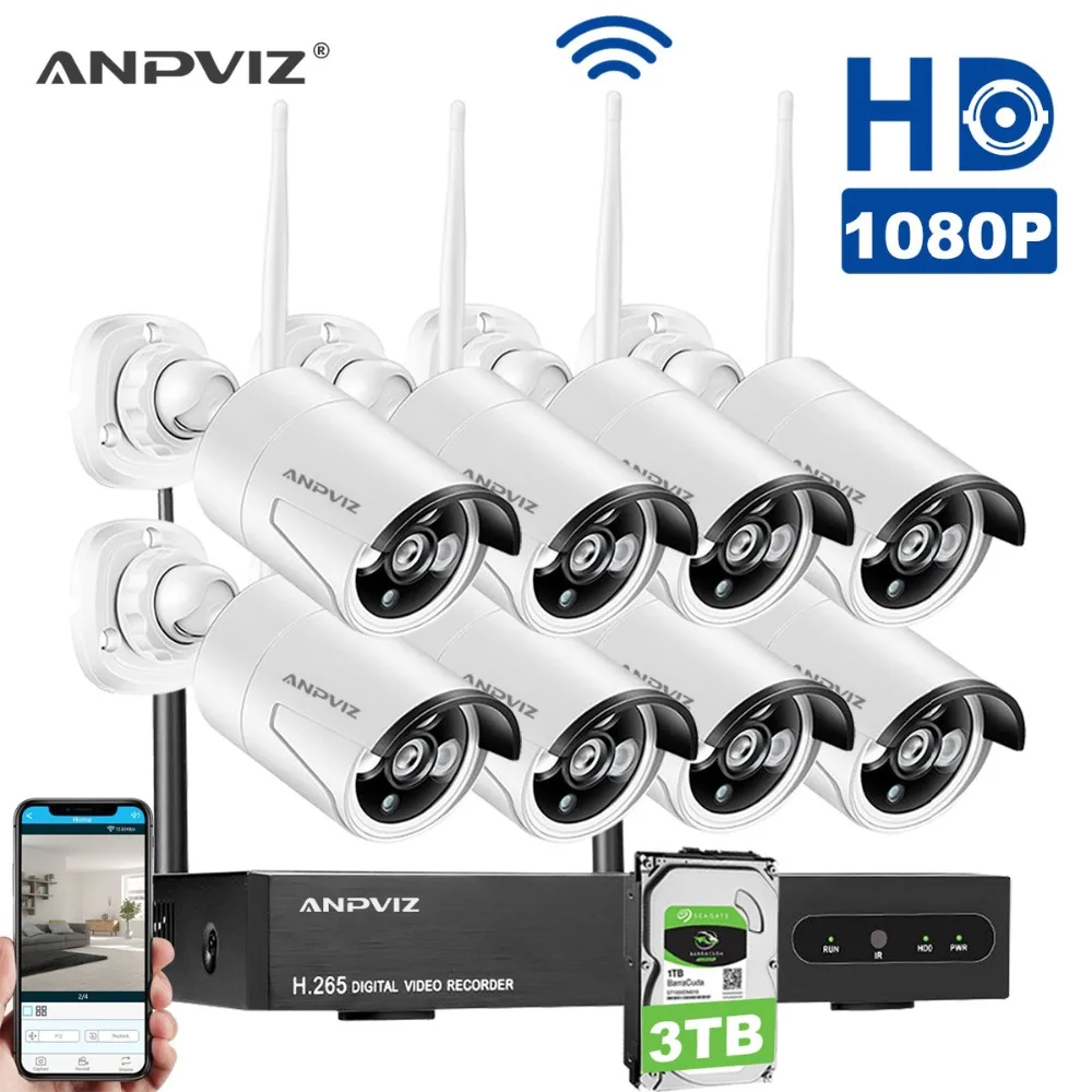 Anpviz Беспроводной безопасности Камера Системы 8CH 1080 P WI FI NVR Kit CCTV 8 шт. Крытый