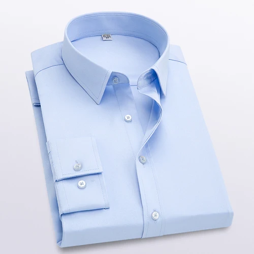 Light blue Весенняя и летняя деловая одноцветная рубашка с длинным рукавом, свадебная официальная простая классическая мужская рубашка большого размера S-5XL - Цвет: Light blue