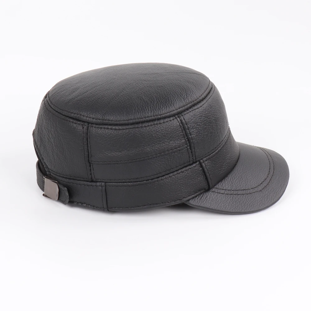 New Outdoor Men Real Sheepskin Leather Flat Caps Man Warm Real Natural Sheep Leather Military Hats Fall Winter Real Leather Hat