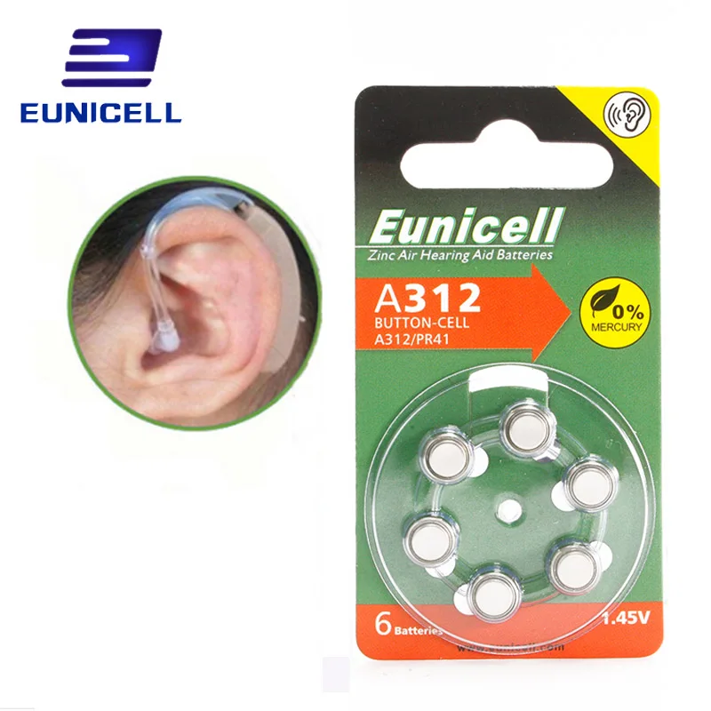 6 шт. батарейки EUNICELL для слухового аппарата A312 312A ZA312 PR41 батарея A312|Часовые