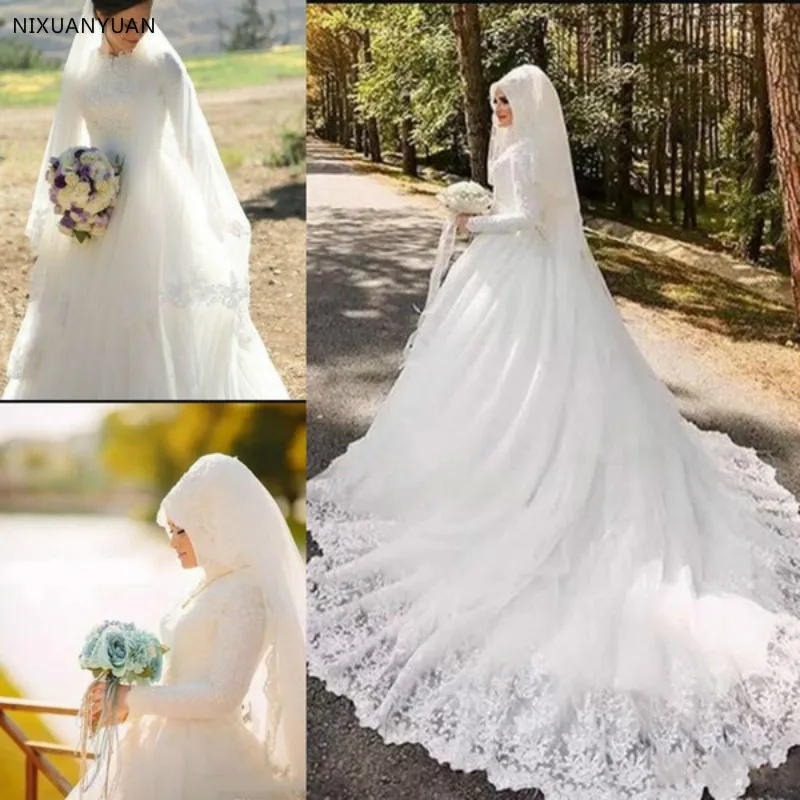 

Muslim Lace Wedding Dresses Saudi Arabic Dubai Middle East Vestidos De Novia Vintage High Neck Long Sleeves Bridal Bride Dress