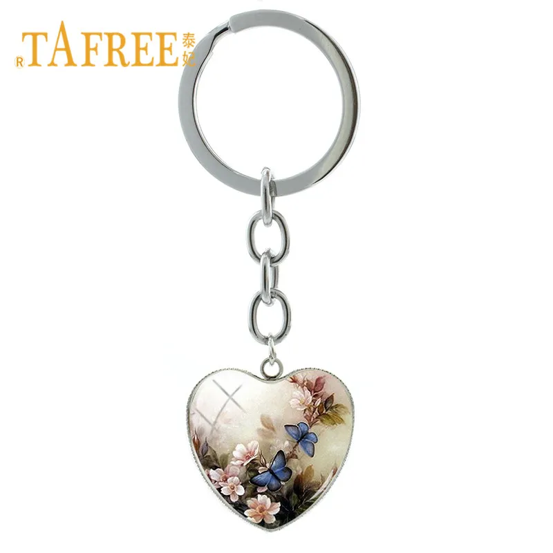 

TAFREE Vintage Heart Saple Pendant Butterfly Key Chain Keyring For Woman Girl Bag Car Mobile phone Charms Jewelry Gift FQ298