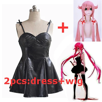 dress add wig Аниме дневник будущего с Юно гасай черные из искусственной кожи Необычные платья для косплея костюм Mirai Nikki брекеты юбка костюмы для выступлений - Цвет: dress add wig