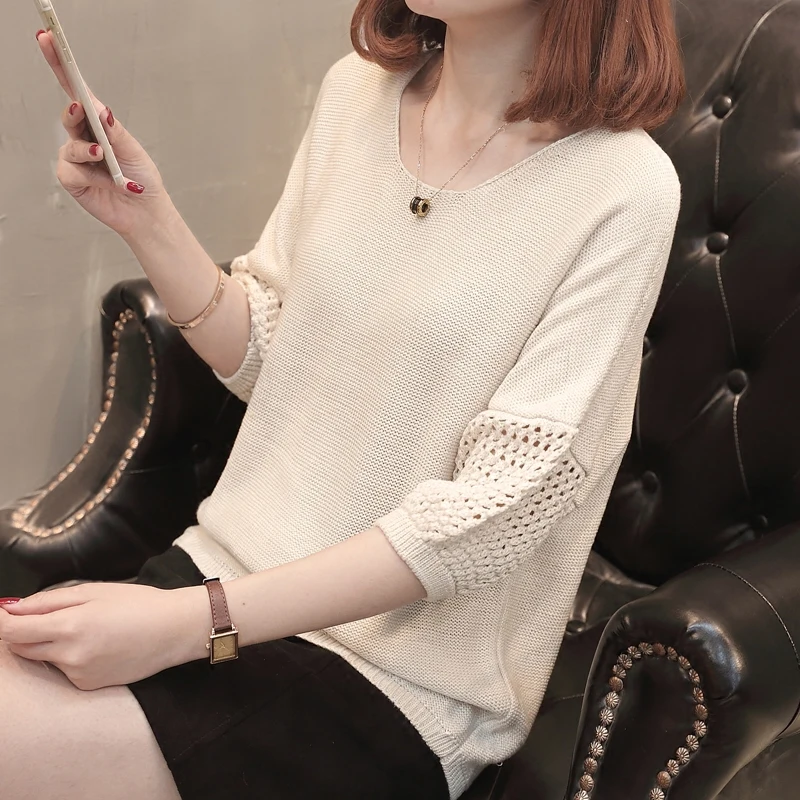 fashion summer women knitwear thin ice silk o-neck lantern half sleeve hollow loose Tops casual knitted all match sweatersFemale | Женская