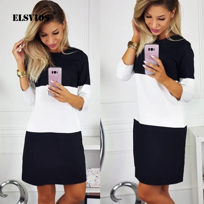 ELSVIOS 2018 повседневное осеннее платье с длинным рукавом Женские Тонкий контрастный