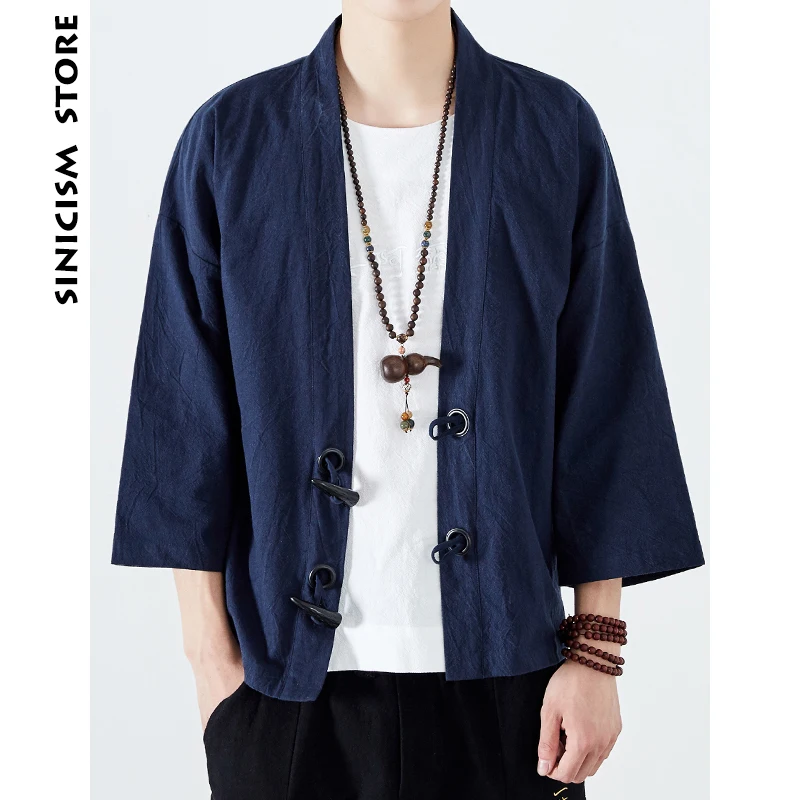 Sinicism Store мужские хлопковые льняные рубашки, японское кимоно с роговой пряжкой, мужской китайский традиционный костюм, открытая Корейская рубашка