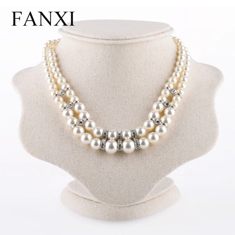 

FANXI Necklace Stand Bust MDF Showcase Mannequin Wrapped with Beige Linen Jewelry Display Holder Exhibition Stand Organizer