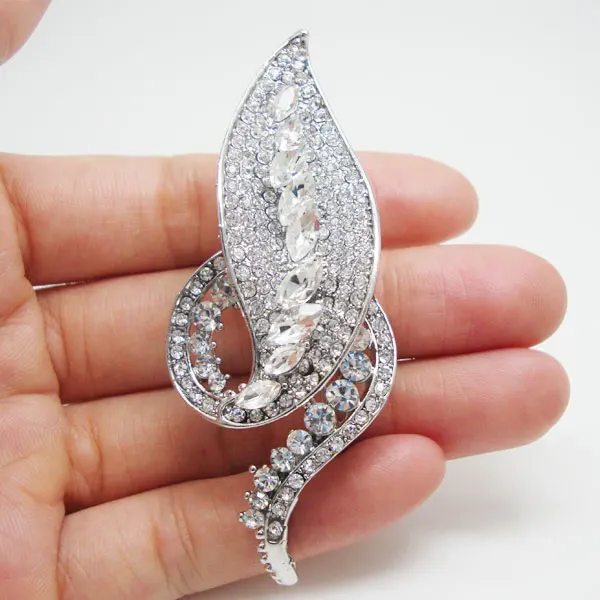 Серебряный цвет простой лист Art Nouveau прозрачная брошь горный хрусталь
