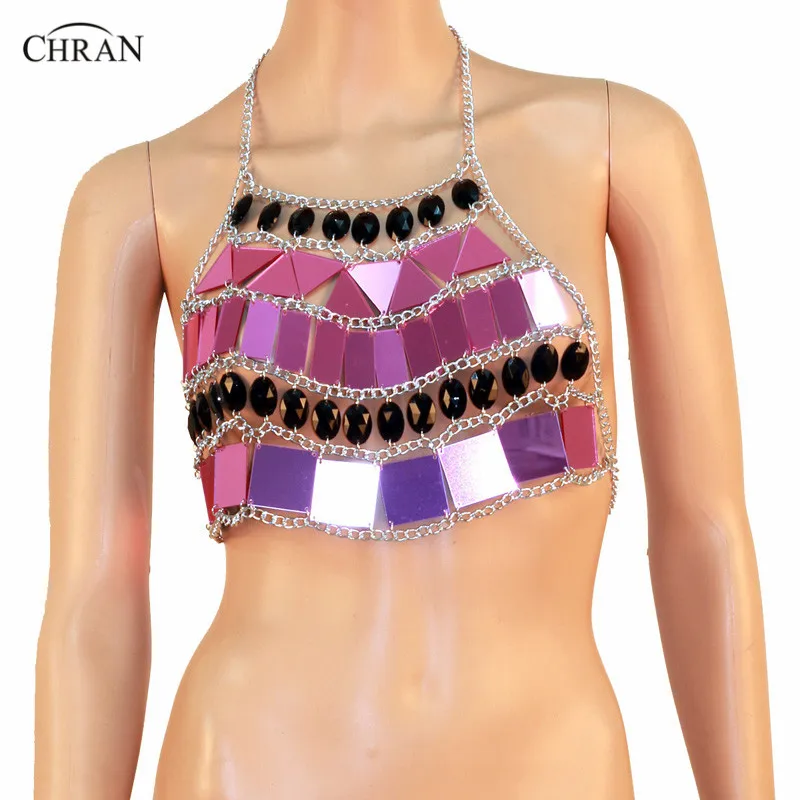 

Chran Mirror Perspex Crop Top Chain Bra Harness Necklace EDC Body Lingerie Cosplay Bandeau Bralette Sonus Festival Jewelry