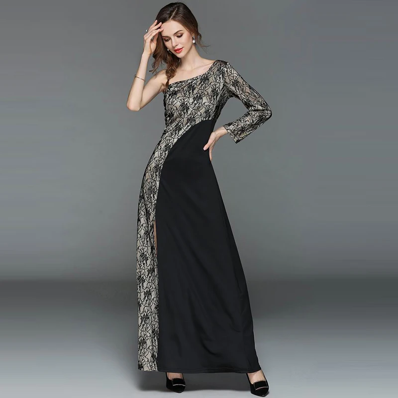 Новые 2018 Кружева Сплайсированные Разделение одного плеча до пола Длина Леди