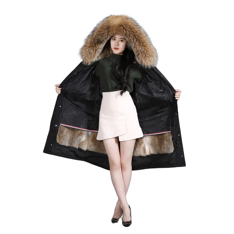 Winter Women's Jacket Raccoon Fur Natural Raccoon Fur Collar Long Sleeve Fox Fur Long Jacket Rex Rabbit Feather Lining