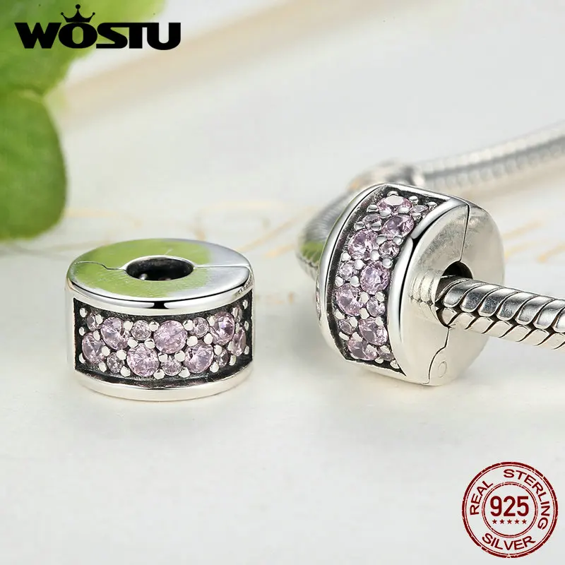 WOSTU 100% 925 пробы Серебряный элегантная блестящая клипса Шарм с розовым CZ Fit