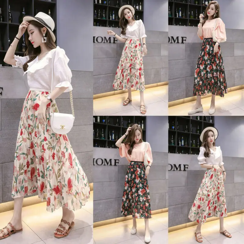 Fashion 2019 Women Chiffon Pleated BOHO Ladies Floral Jersey Gypsy Long Maxi Full Skirt | Женская одежда