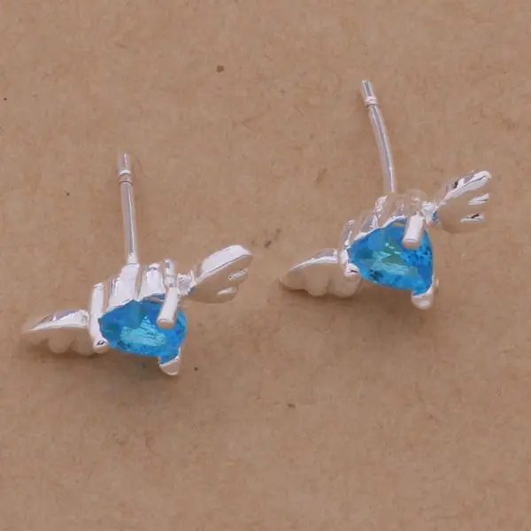 Женские серьги серебряного цвета с крыльями и голубым сердцем|silver earrings|wholesale silver