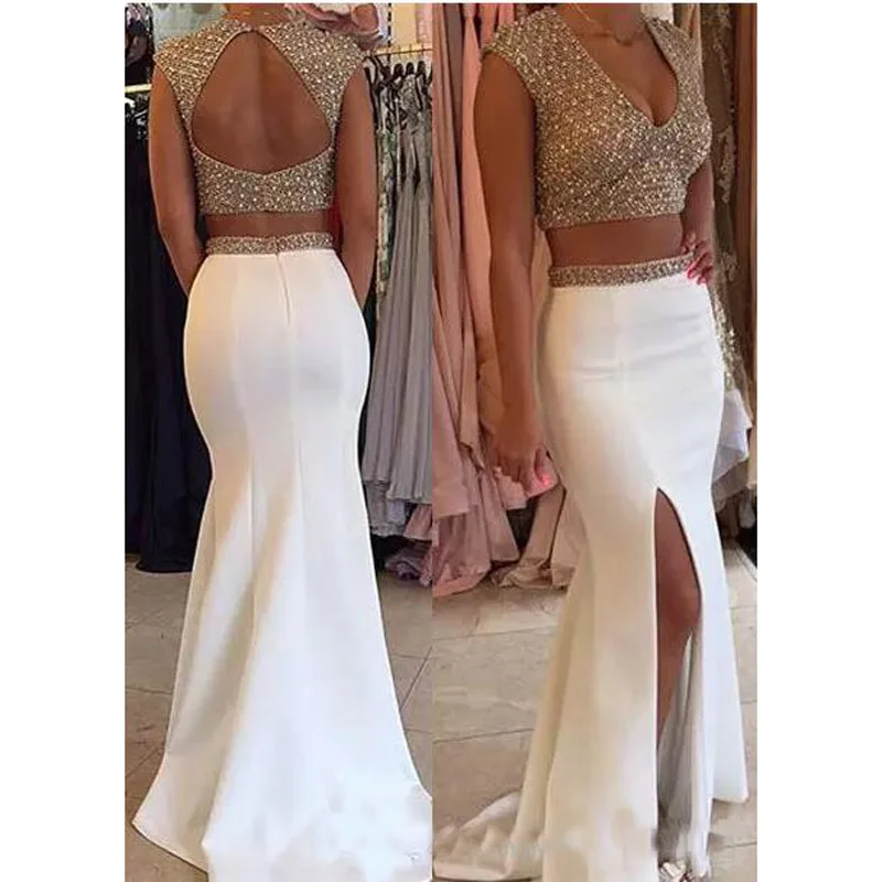 Блестящий Бисероплетение Топ Две Пьесы Пром Платья 2017 Cap Рукава V шея Атласная